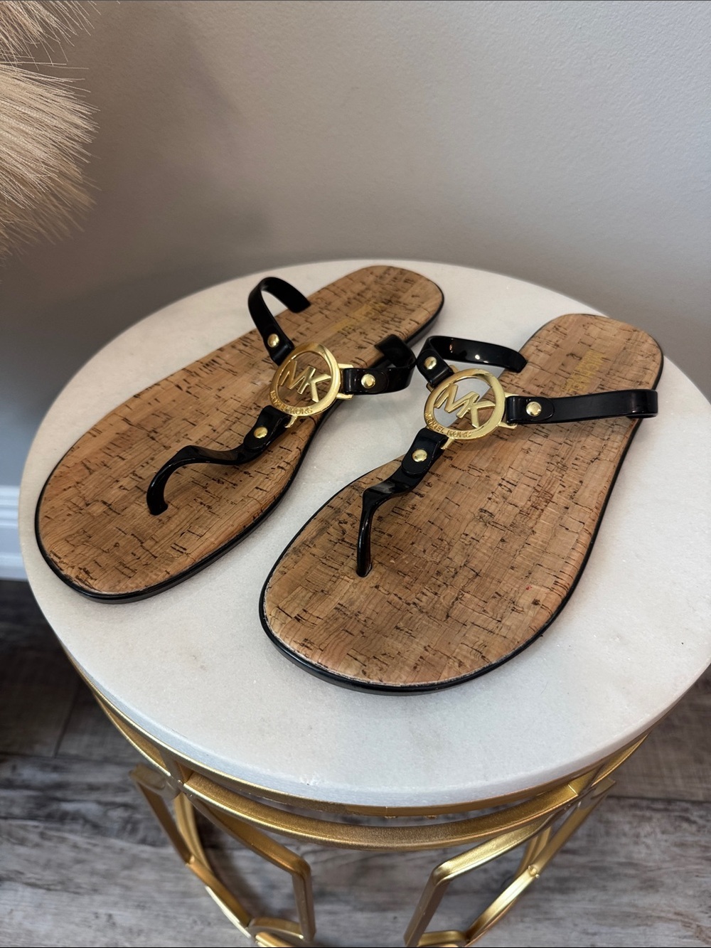MICHAEL Michael Kors Black and Gold Cork-Effect Thong Sandals